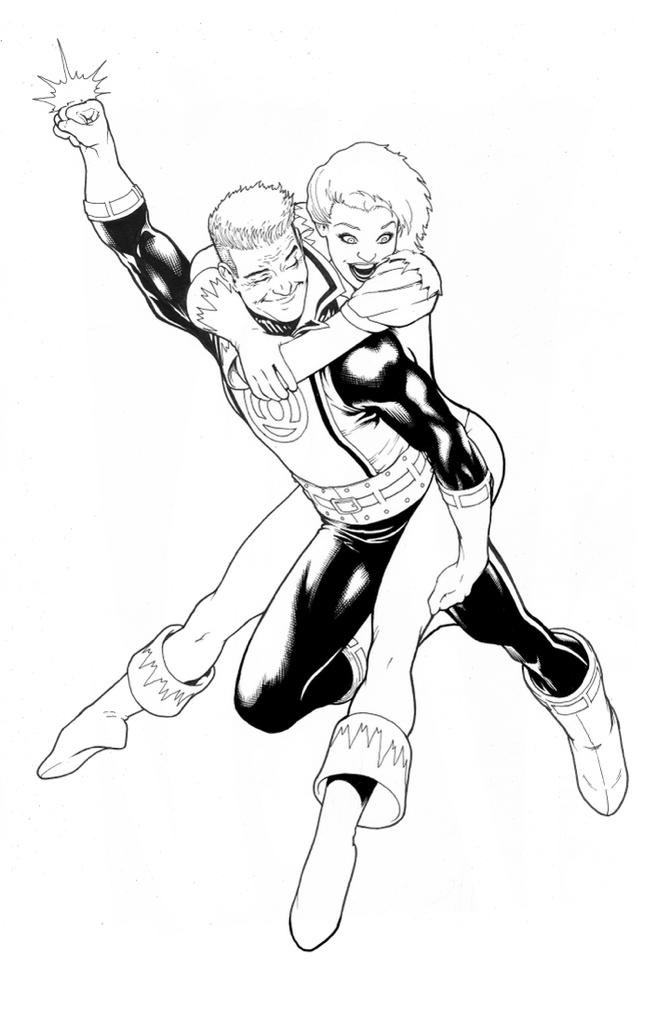 Warren's art commission from Kevin Maguire - Guy Gardner & Ice flying together