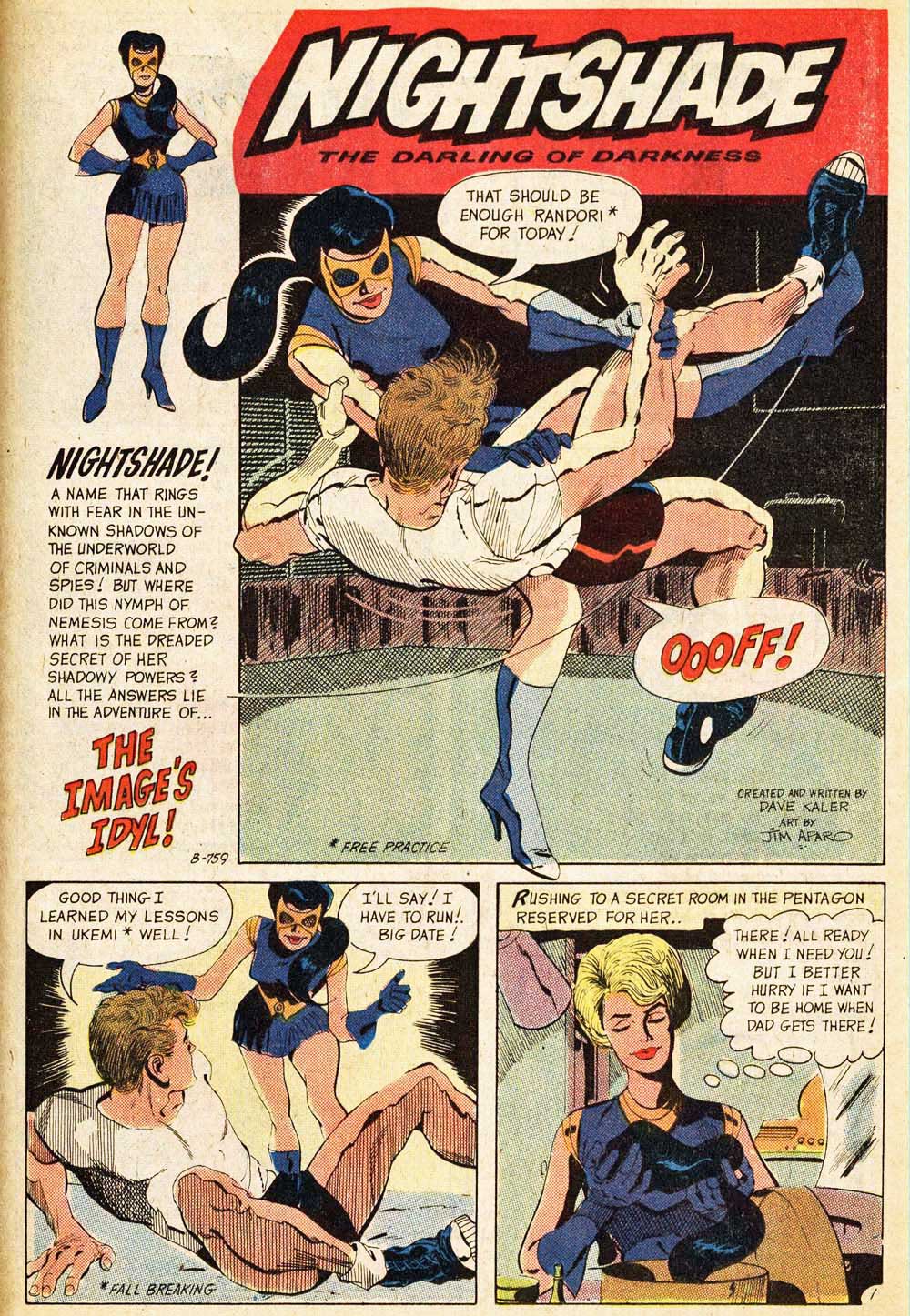 Nightshade's back-up strip from Captain Atom #87 (1967) from Charlton Comics by David Kaler and Jim Aparo