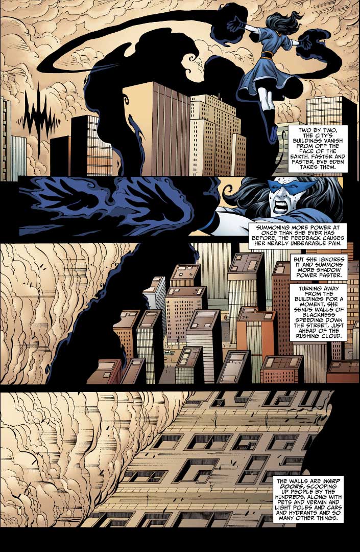 Nightshade rescuing thousands of people in Chicago in Shadowpact #16 (2007)